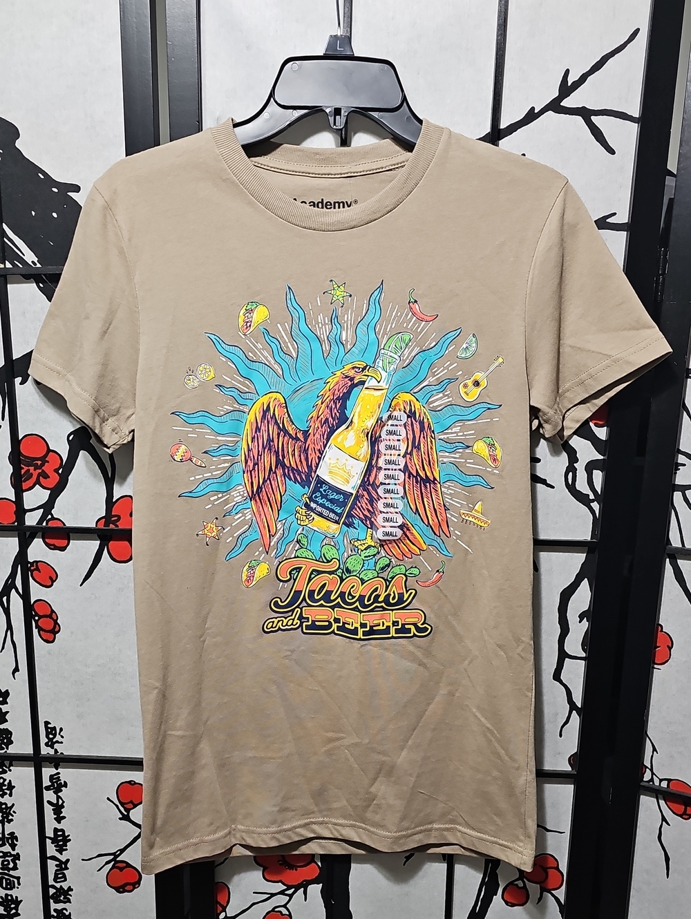 Academy Tacos and Beer Graphic Tee - Tan Casual Crew Neck Small New